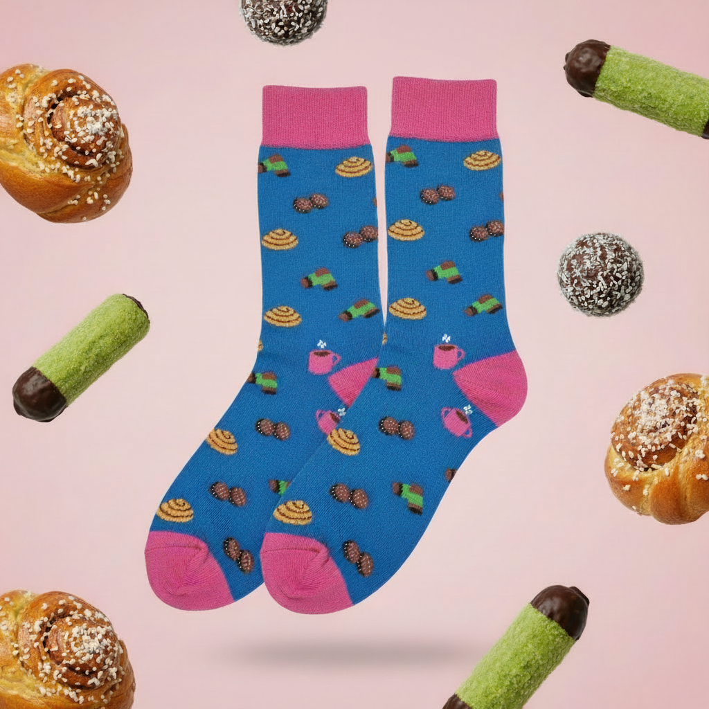 Fika-strumpa med svensk fika, småkakor som dammsugare med choklad i båda ändar, chokladbollar med pärlsocker, kanelbullar och rosa kaffekoppar. Färgen på strumporna är mörkblått med ceriserosa detaljer.